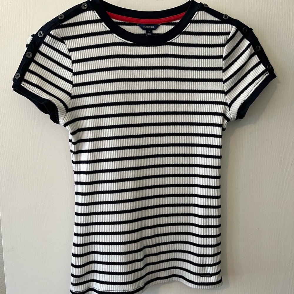 Nautica Womens White & Navy Blue Striped button-shoulder Knit Top Size Small